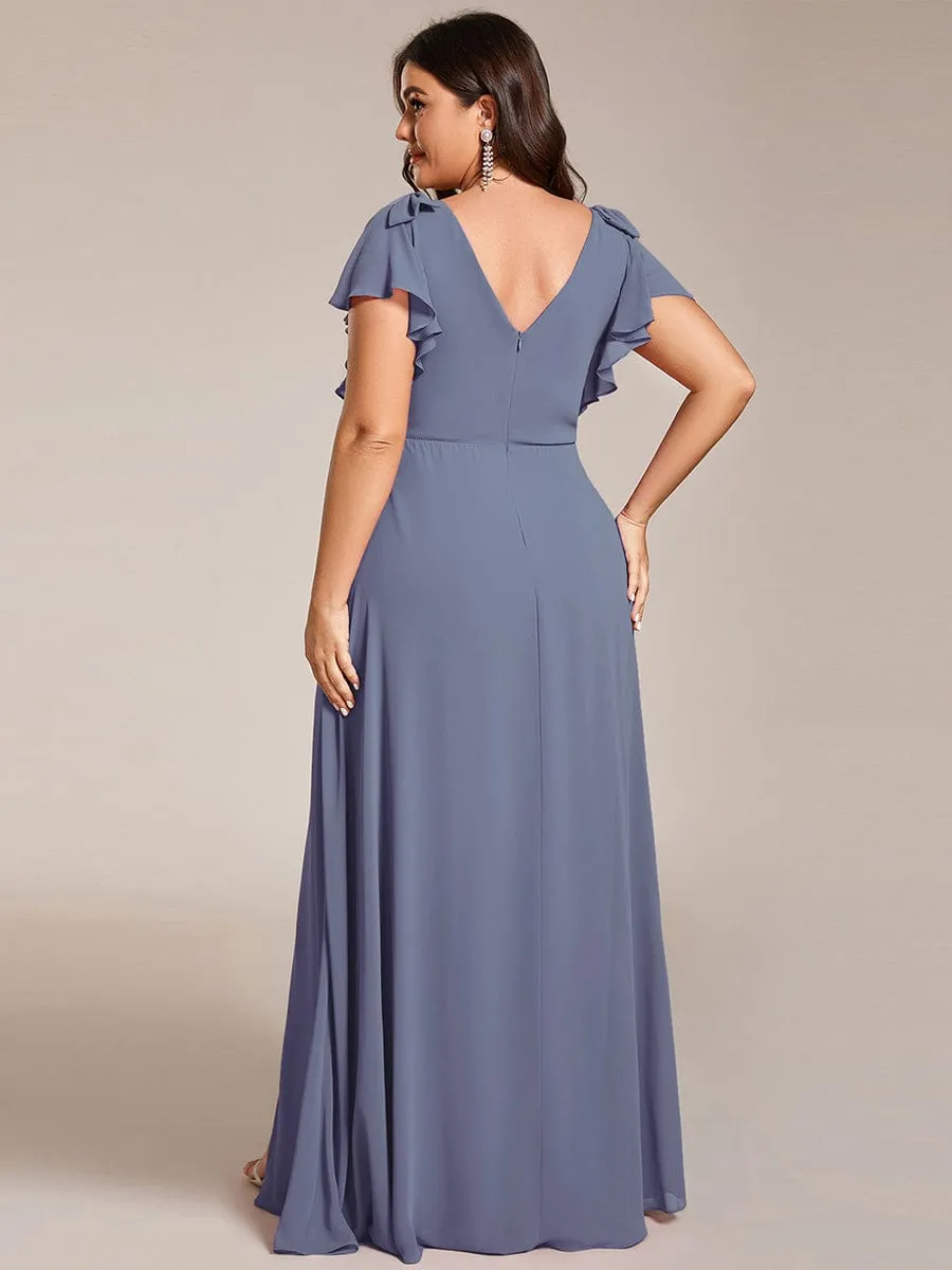Plus Size Split Ruffles Sleeves with Bowknot Double V-neck Chiffon Bridesmaid Dress