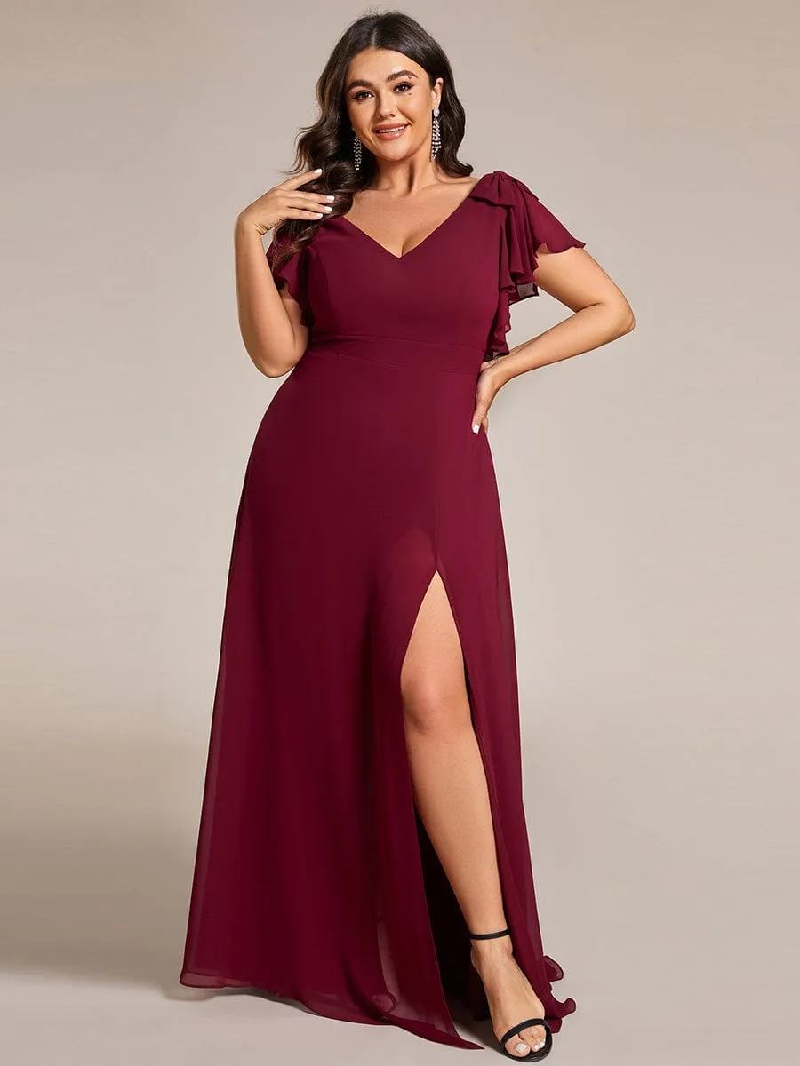 Plus Size Split Ruffles Sleeves with Bowknot Double V-neck Chiffon Bridesmaid Dress