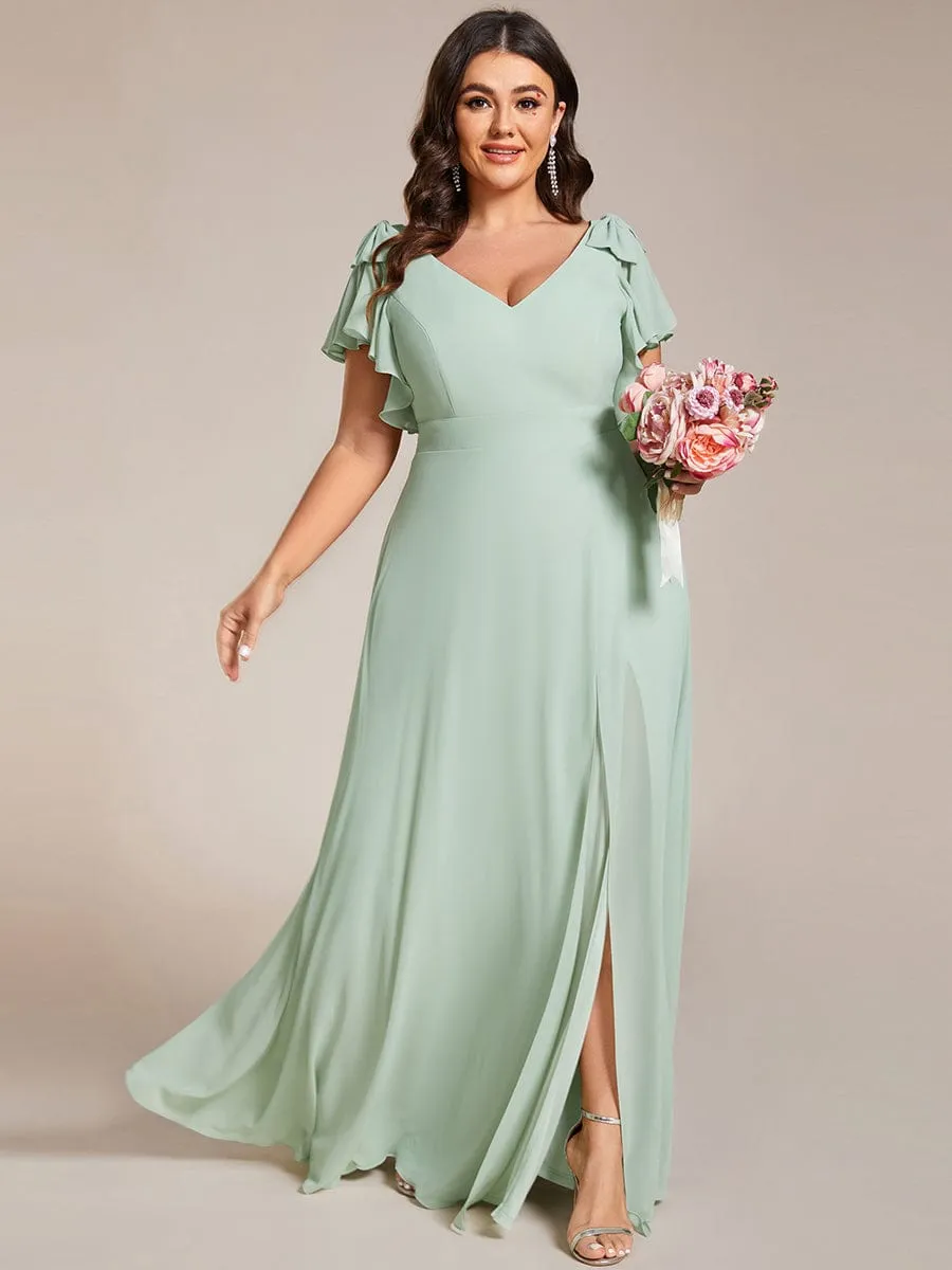 Plus Size Split Ruffles Sleeves with Bowknot Double V-neck Chiffon Bridesmaid Dress