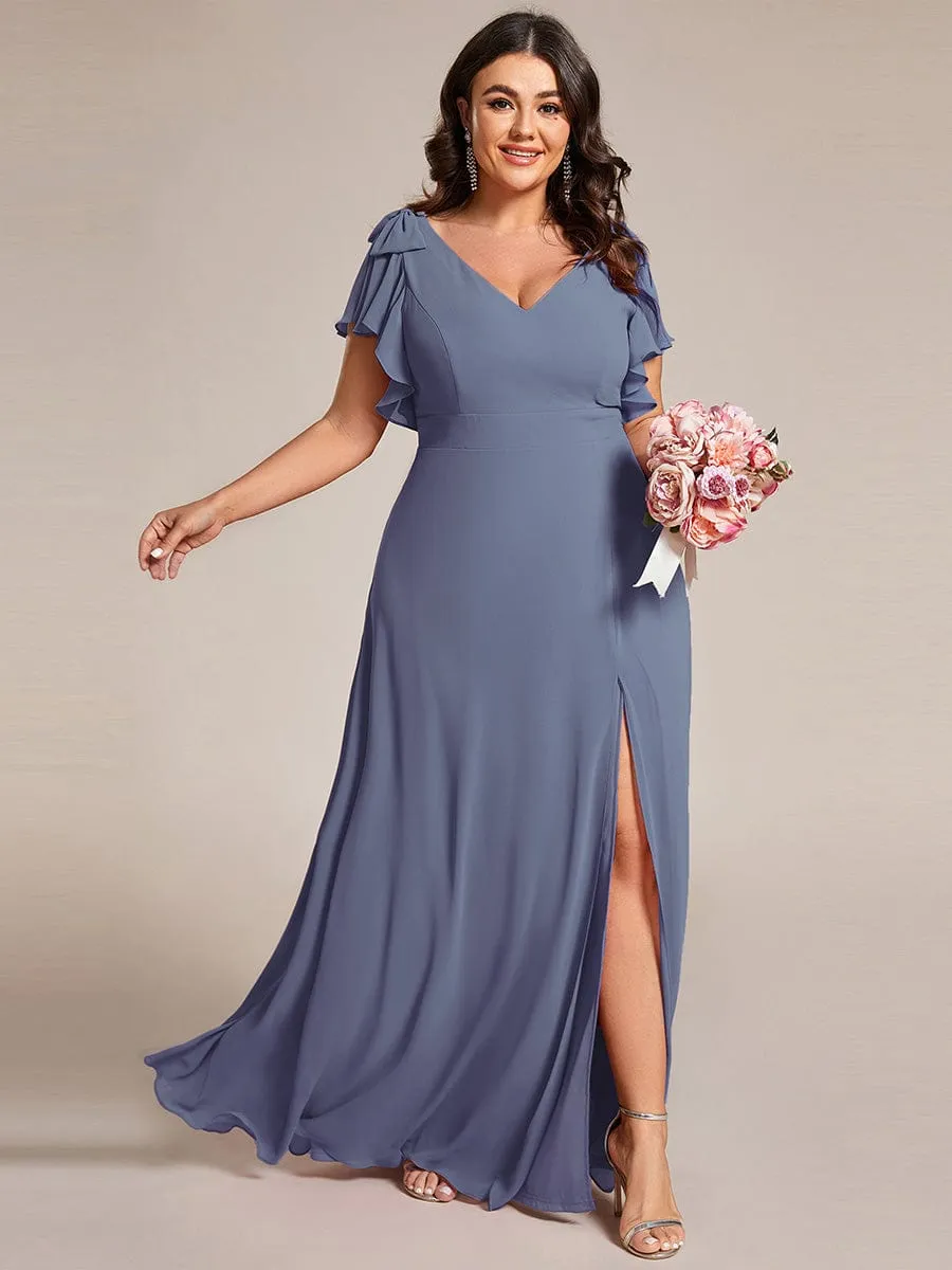 Plus Size Split Ruffles Sleeves with Bowknot Double V-neck Chiffon Bridesmaid Dress
