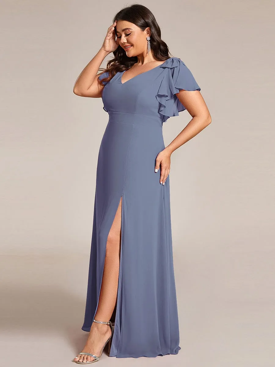 Plus Size Split Ruffles Sleeves with Bowknot Double V-neck Chiffon Bridesmaid Dress