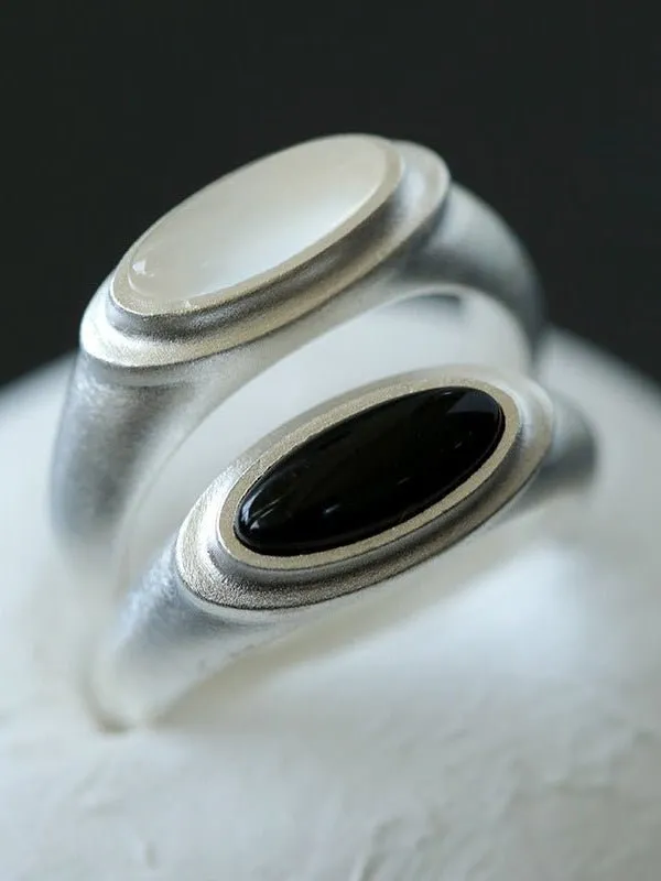 Pure Silver Satellite Ring-White Chalcedony/Black Onyx