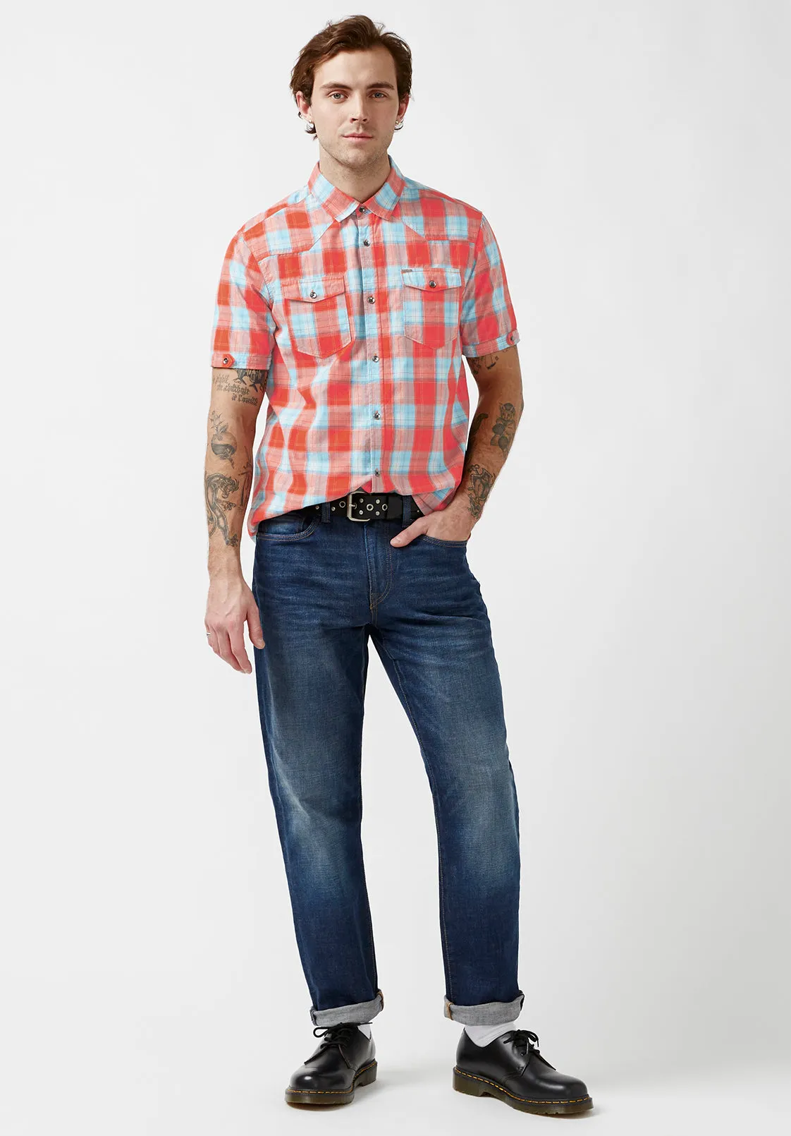 Saturo Men’s Short-Sleeve Shirt in Orange Blue Plaid - BM24090