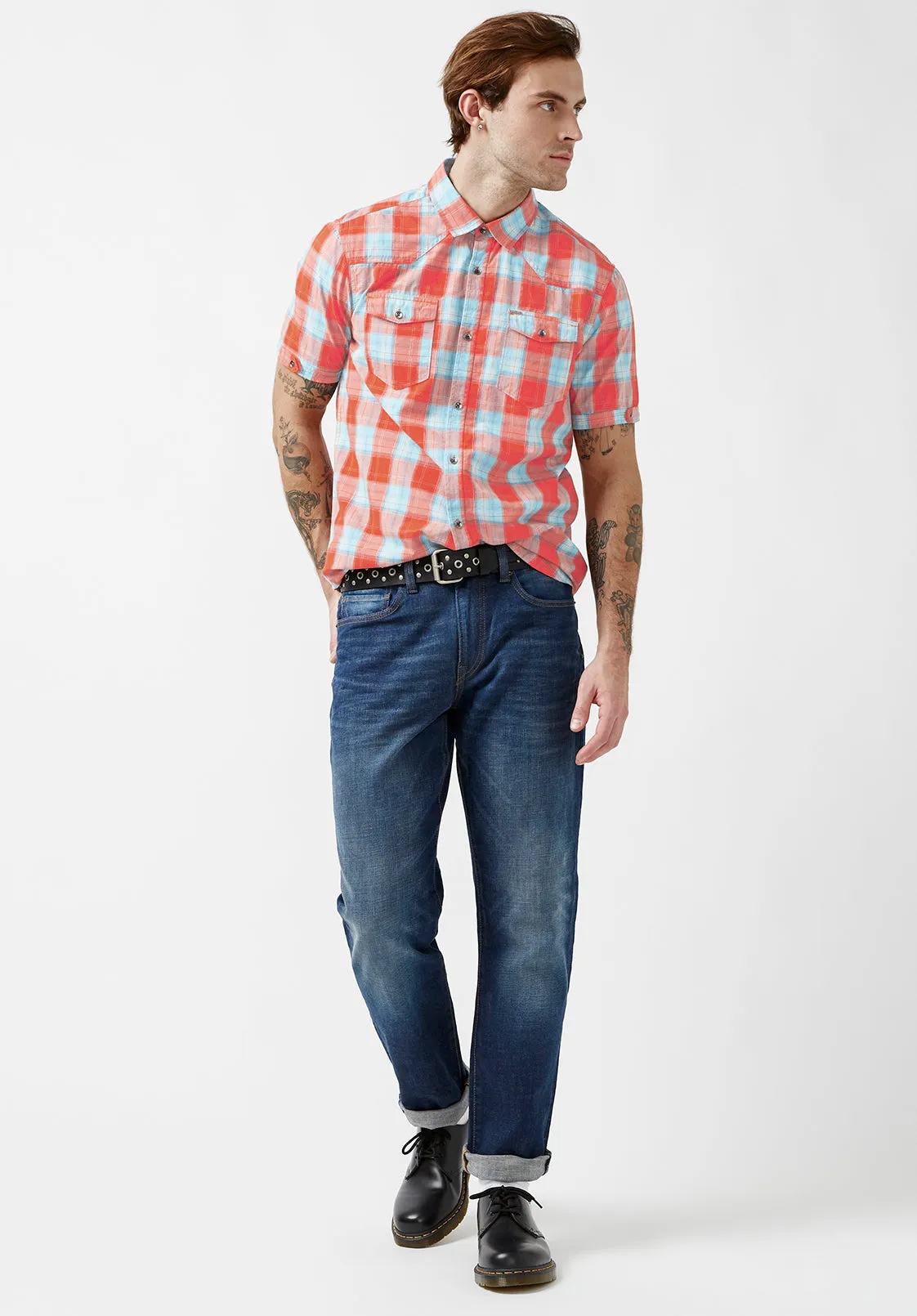 Saturo Men’s Short-Sleeve Shirt in Orange Blue Plaid - BM24090