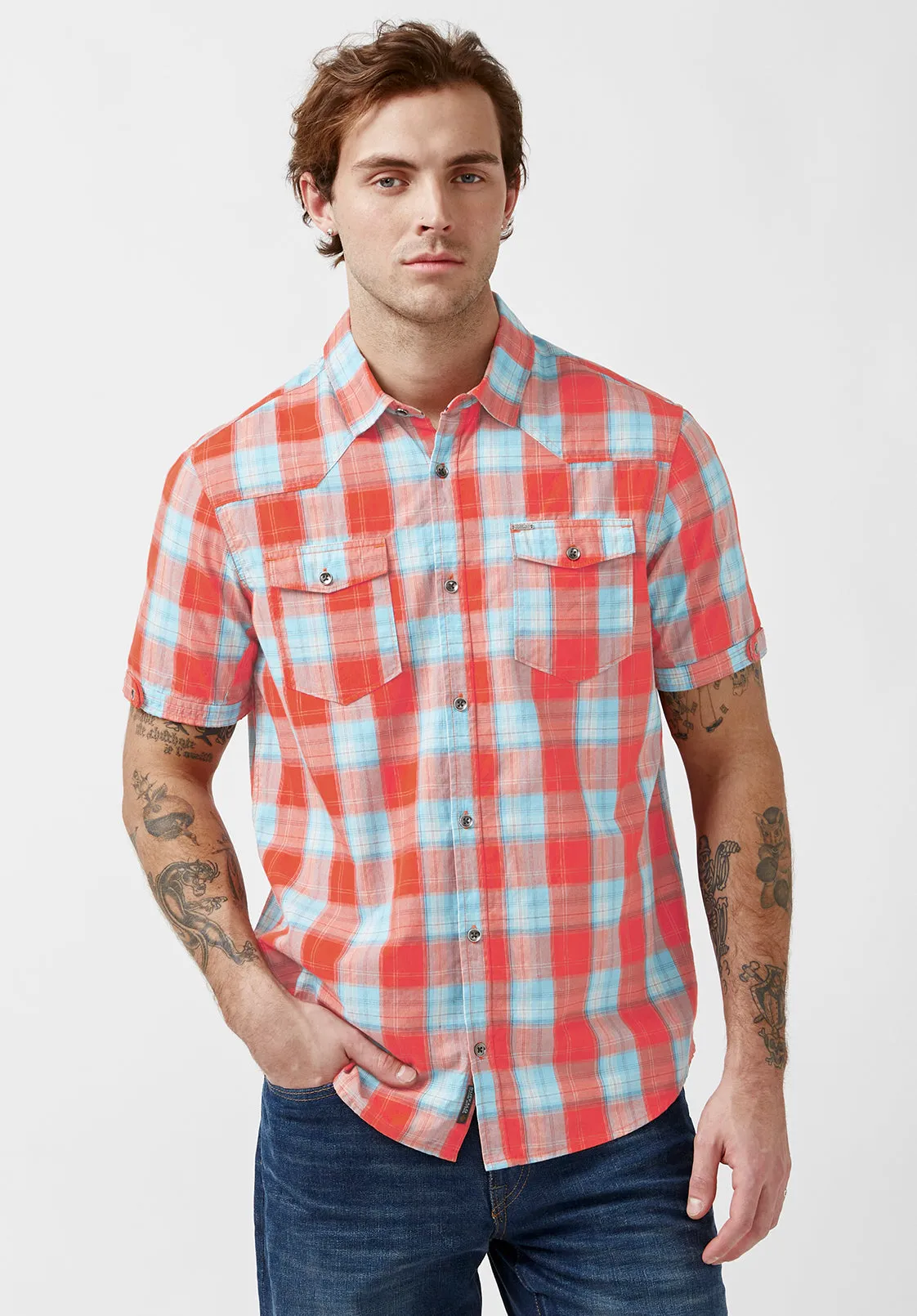 Saturo Men’s Short-Sleeve Shirt in Orange Blue Plaid - BM24090