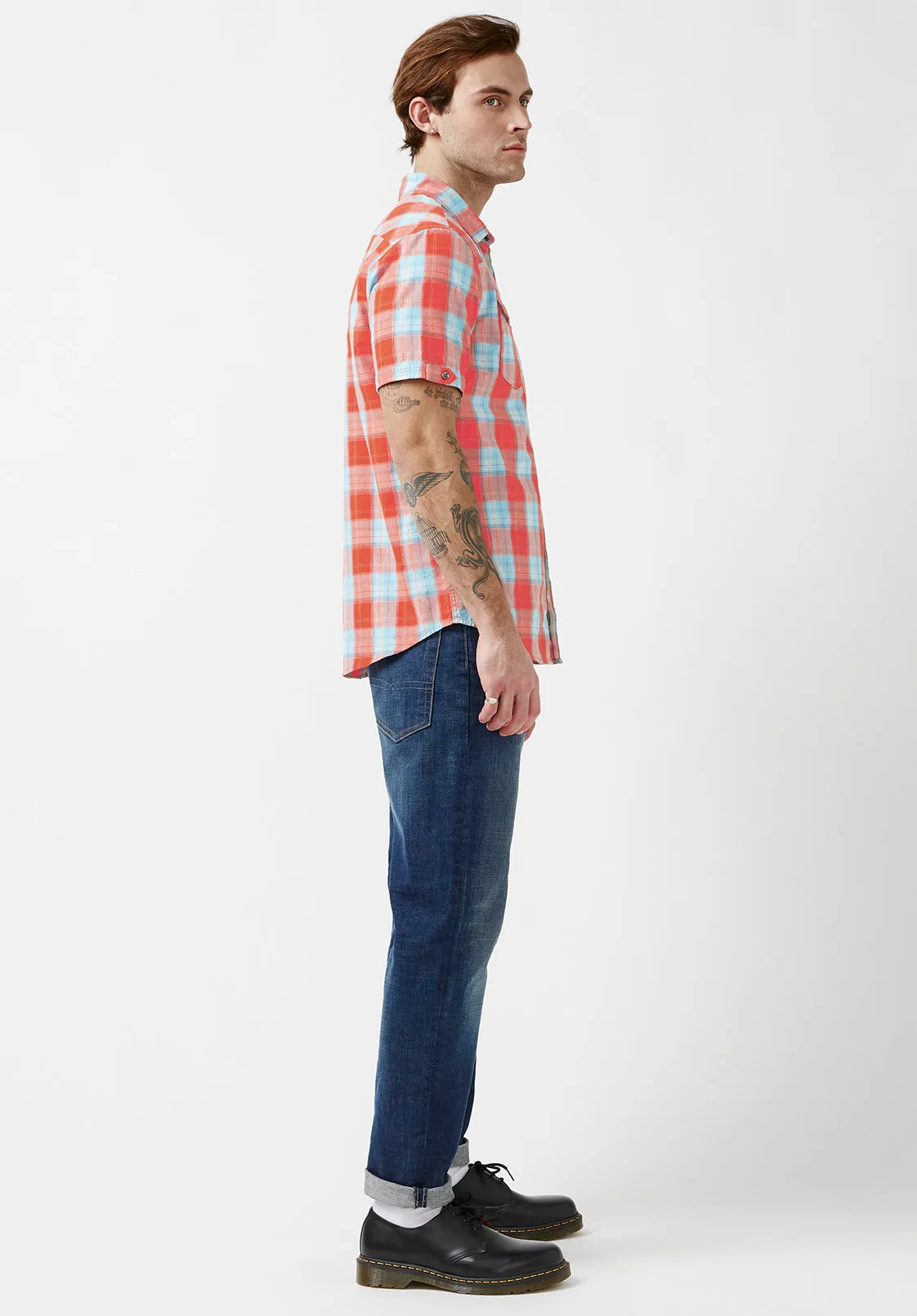 Saturo Men’s Short-Sleeve Shirt in Orange Blue Plaid - BM24090