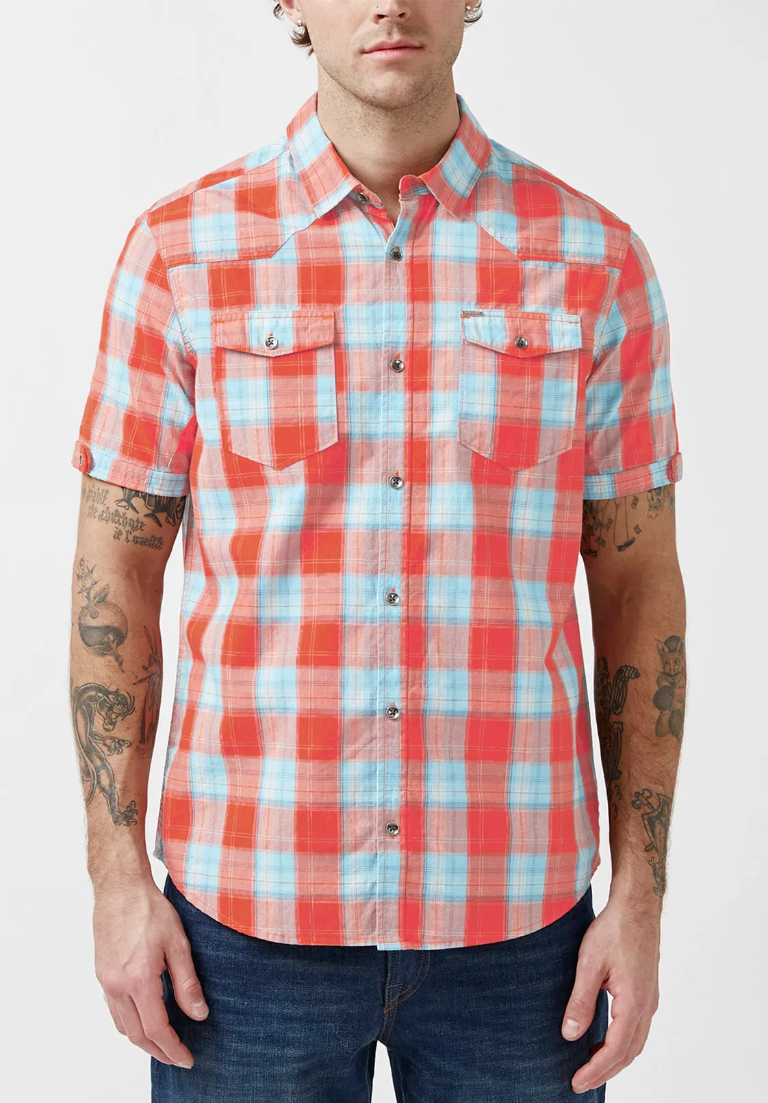 Saturo Men’s Short-Sleeve Shirt in Orange Blue Plaid - BM24090