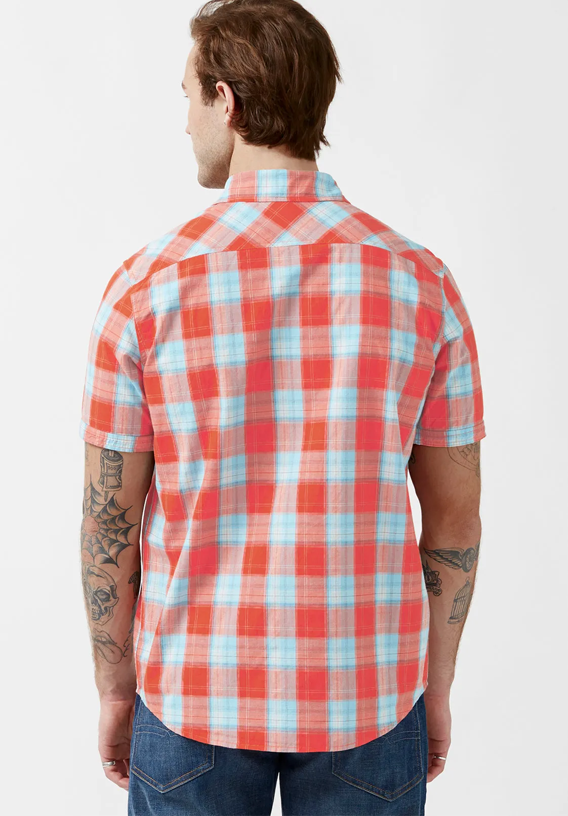Saturo Men’s Short-Sleeve Shirt in Orange Blue Plaid - BM24090