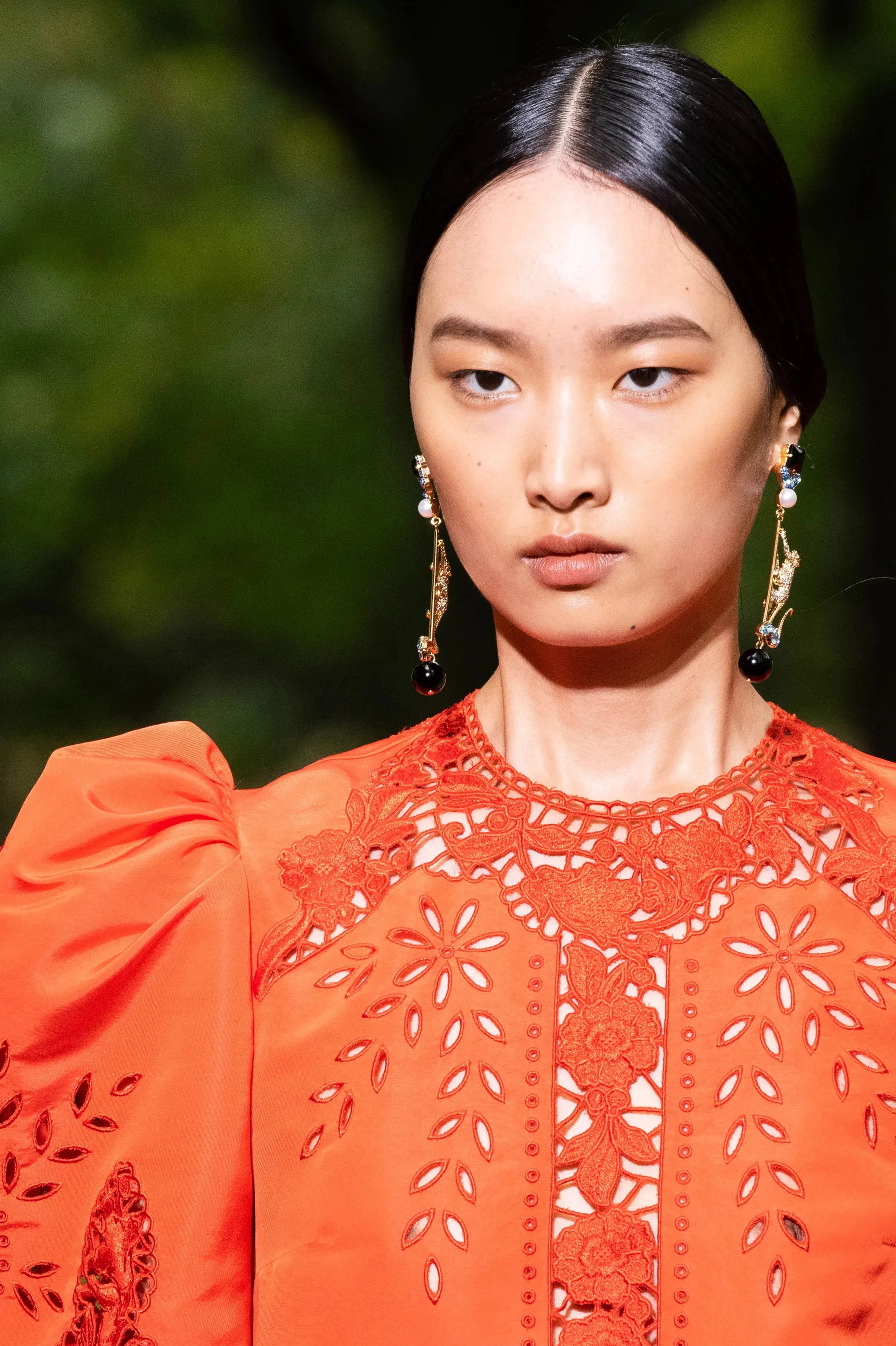 Spring 2020 Erdem Runway Look 41 Coral Red Embroidered Cut-Out Runway Dress w Buttoned Train