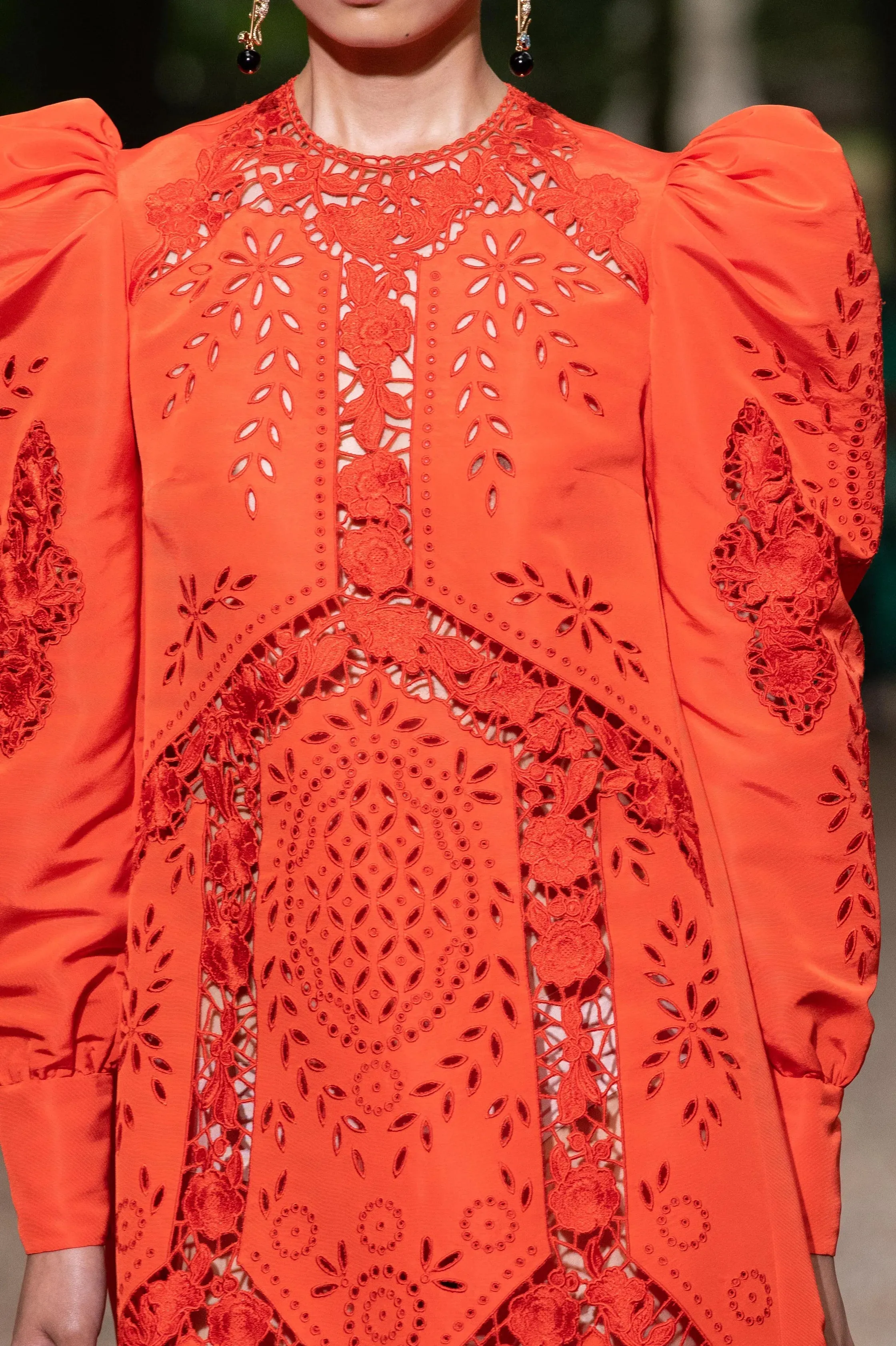 Spring 2020 Erdem Runway Look 41 Coral Red Embroidered Cut-Out Runway Dress w Buttoned Train