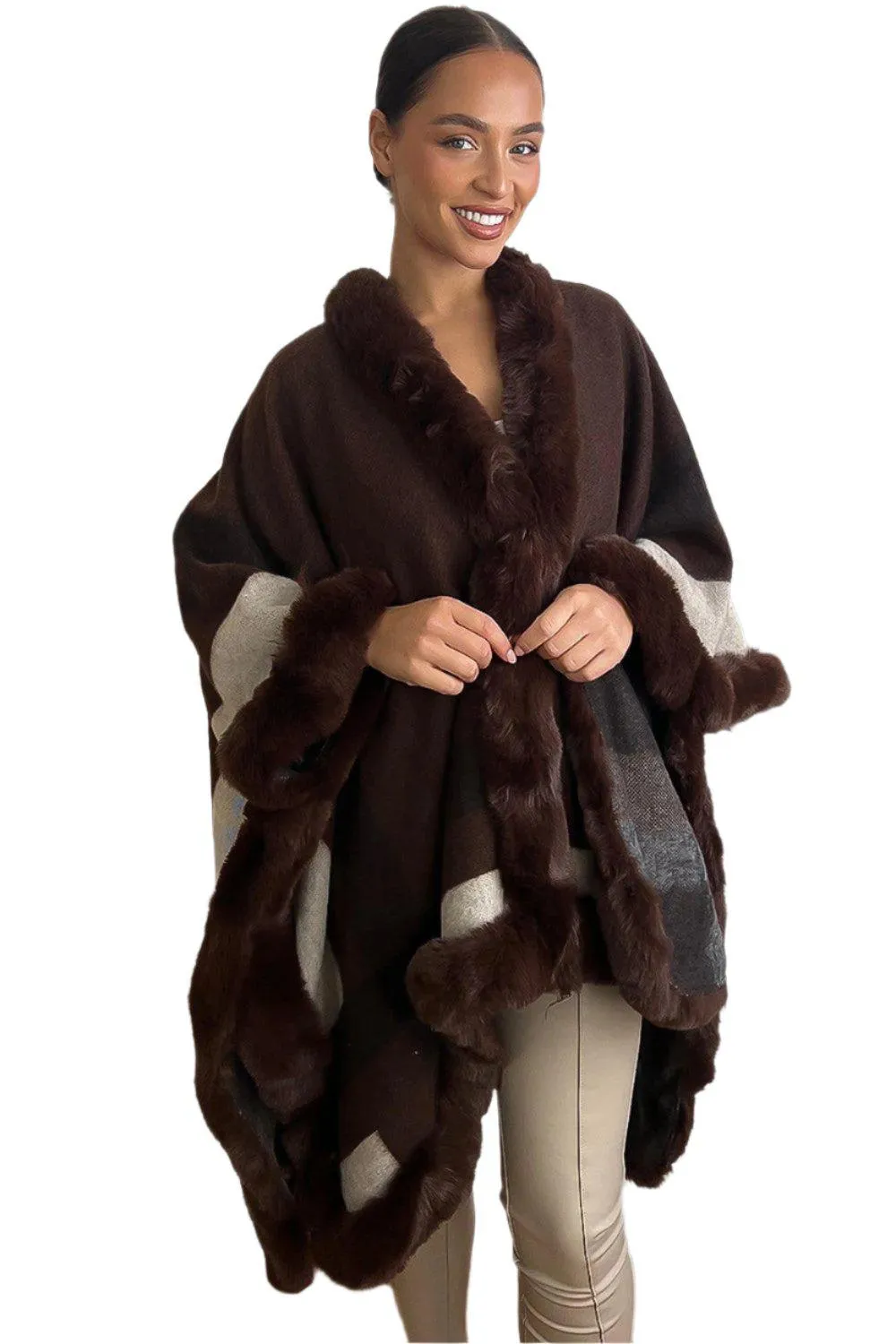 Vegan Fur Trim Checked Pattern Throwover Shawl