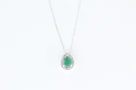 White Gold Emerald and Diamond Halo Pendant with Chain