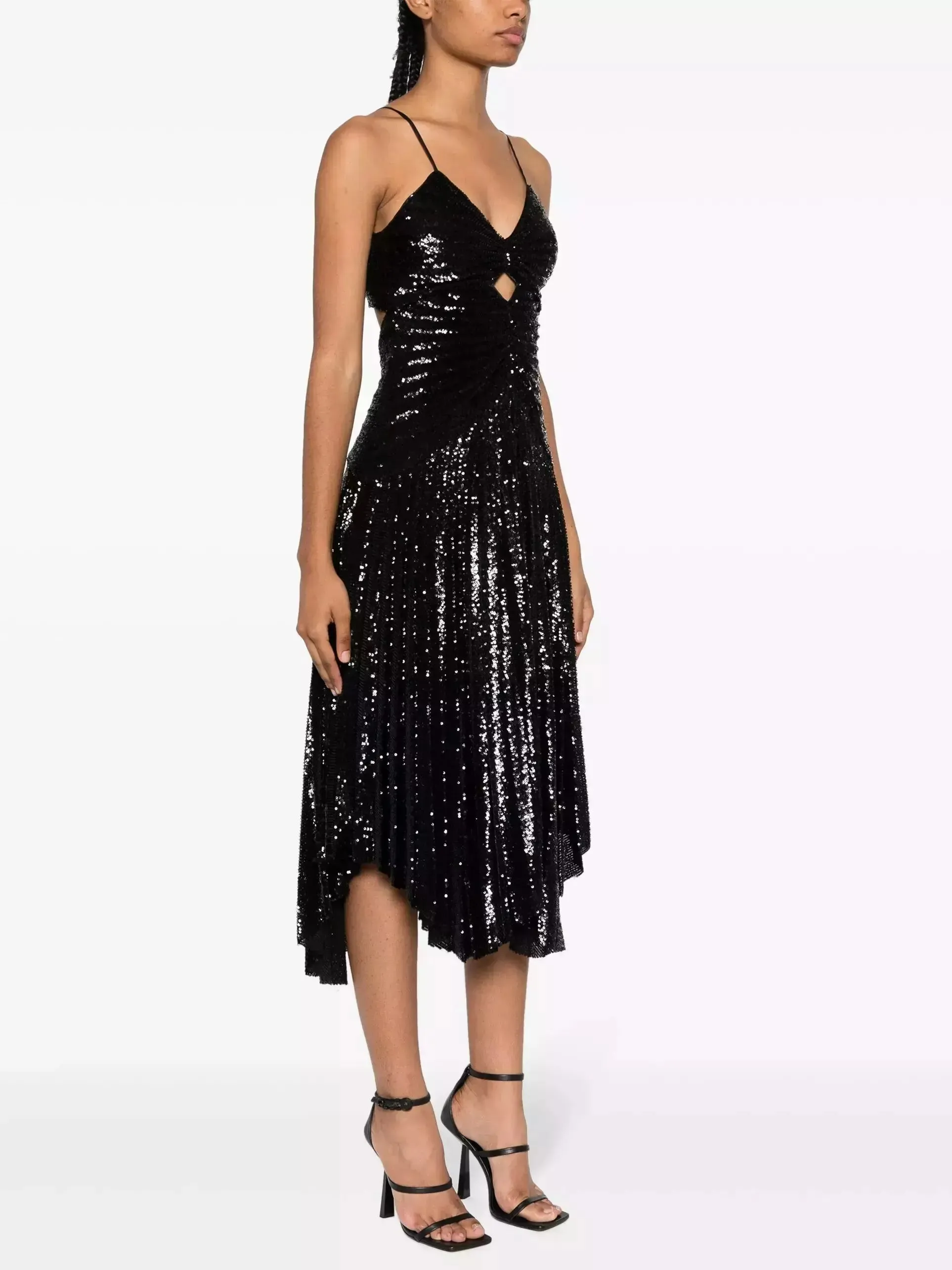 Women’s Black Sequin-Embellished Gathered Pleated Midi Dress