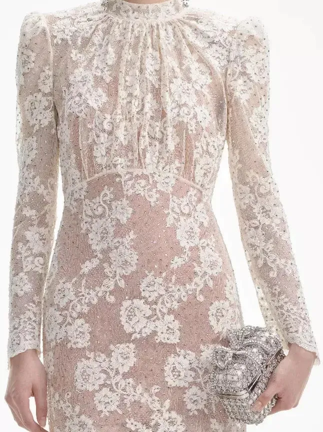 Women’s Crystal and Lace Long-Sleeve Maxi Dress