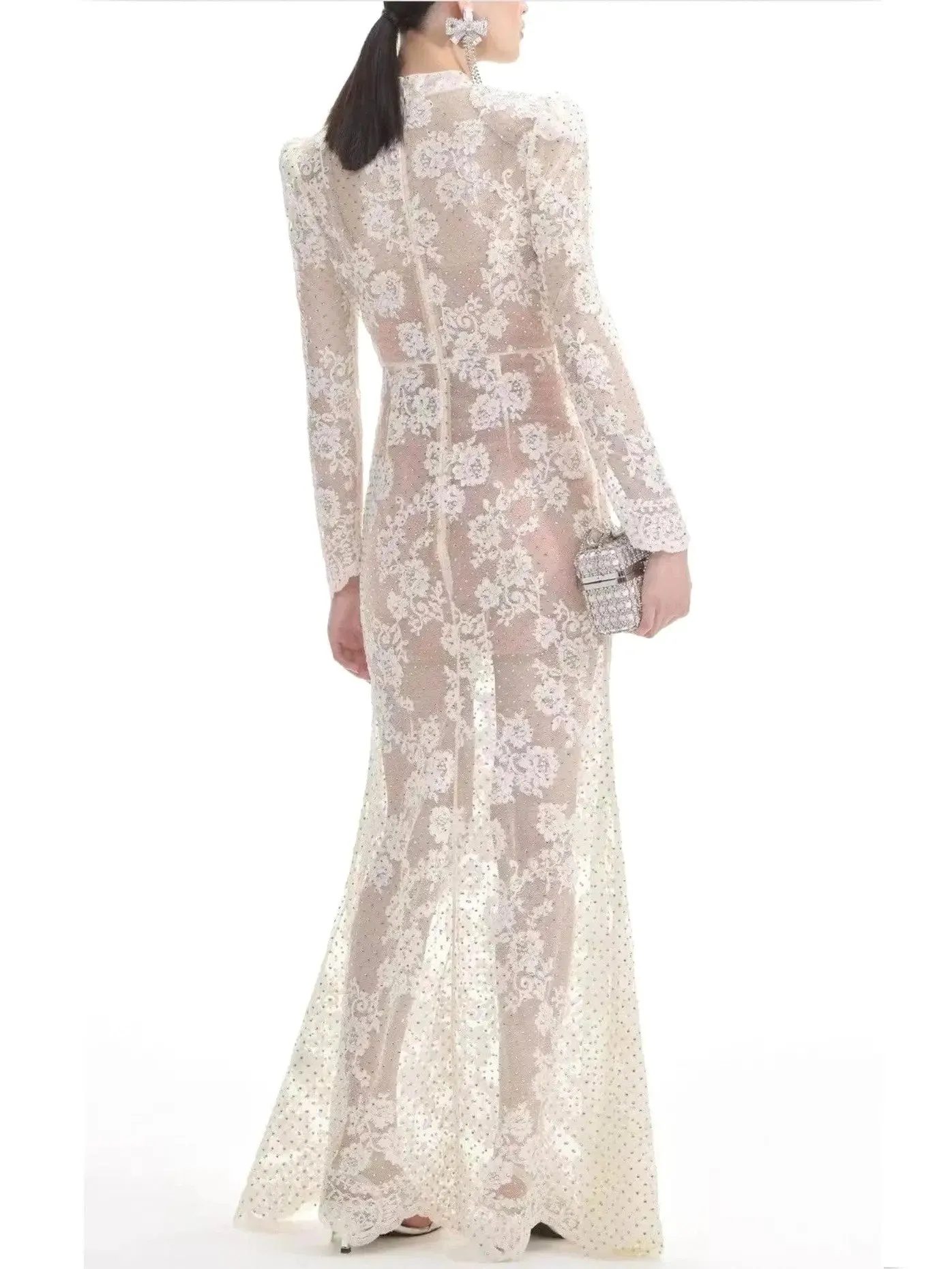 Women’s Crystal and Lace Long-Sleeve Maxi Dress