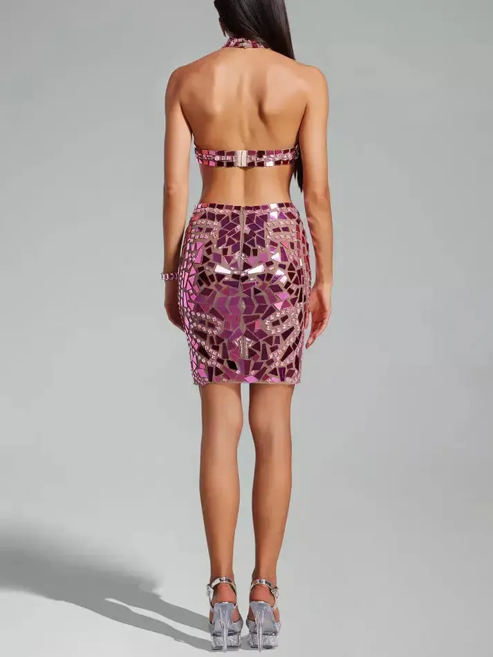 Women’s Cut-Out Rhinestone and Mirror Sequin Embellished Mini Dress