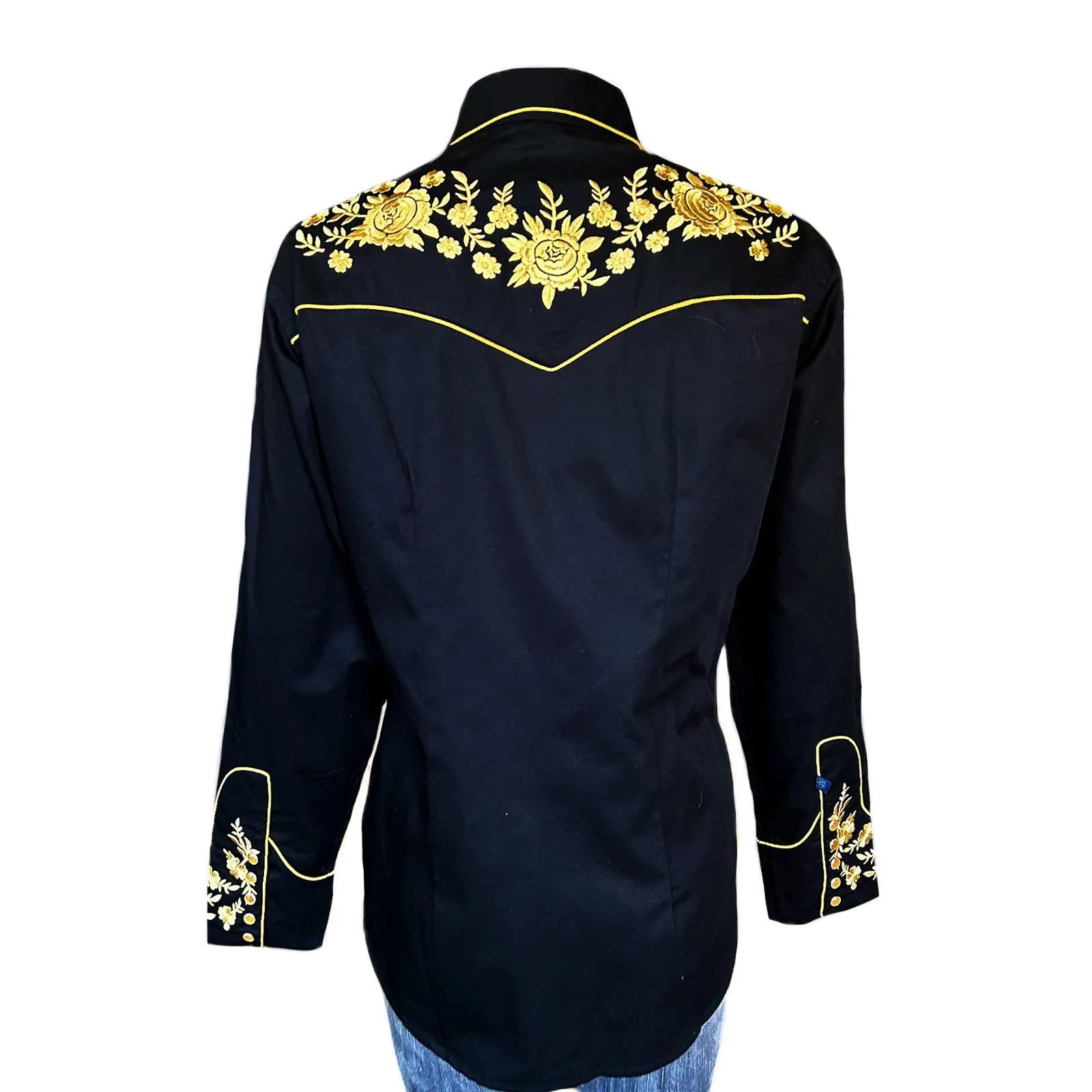 Women's Vintage Cascading Floral Embroidery Black Western Shirt